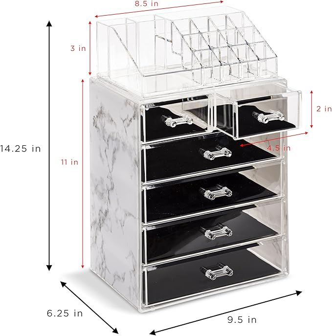 Sorbus Acrylic Makeup Organizer Set, 6-Drawer Vanity & Countertop Cosmetic Storage with Small & Wide Compartments, Marble Pri