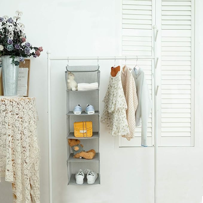 BrilliantJo 5 Shelves Hanging Closet Organizer, 2 Pack Hanging Storage with 6 Side Pockets for Clothes Bags, 43"x12"x12"(Ligh