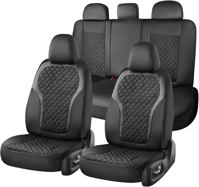Coverado Seat Covers Full Set, Luxury Leather Car Seat Cover with Carbon Fiber Accents Design, Spill-Proof Durable Black Auto