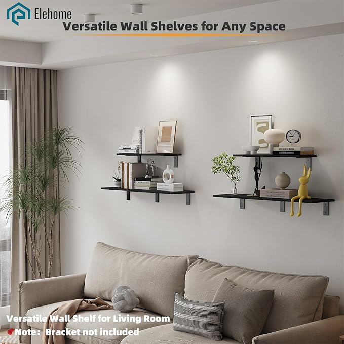 Floating Shelf Board for Wall 5/8" – No Brackets – 24" L x 8" W x 0.6" T Black Melamine Wood Floating Shelves for Bathroom, K