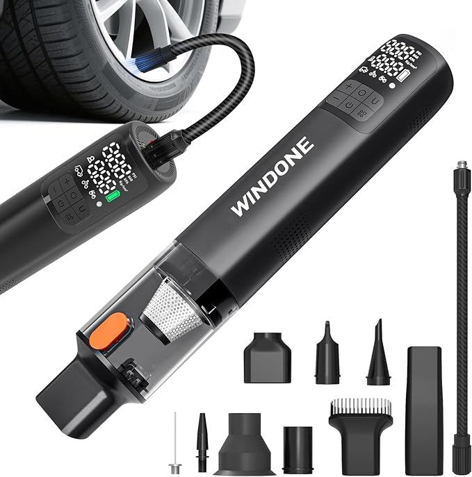 Windone Car Vacuum, 12000Pa 2-in-1 Cleaner & Tire Inflator 150PSI, 60W Brushless Motor, Cordless Handheld Vacuum & Air Pump w