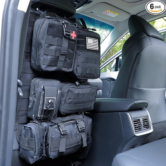 tactical car seat back organizer and storage truck seat covers with a Molle Vehicle Panel and 5 Different Size Molle Pouches for most models such as Jeep,SUV,Pickup(Black)