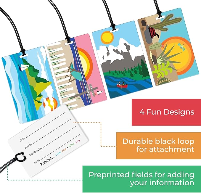 R. Nichols Landscapes Luggage Tag Set - Sturdy Waterproof Plastic Travel Labels for Baggage, Suitcases, Backpacks, and Diaper