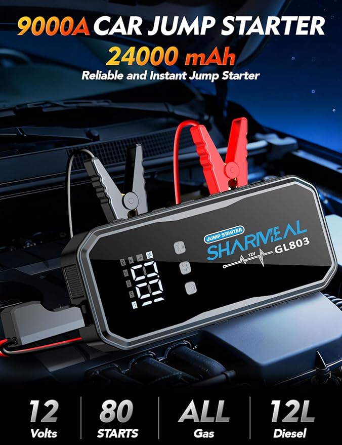 Sharmeal 22-in-1 9000A Jump Starter, 24000mAh Car Booster Pack with 80W AC Outlet & PD 35W Super Fast Charging, 12V Jump