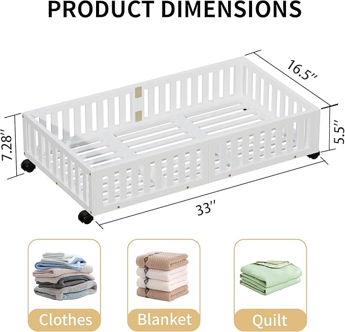 Bamboo Under Bed Storage with Wheels,Rolling Underbed Shoe Organizer Box for Shoes,Blankets,Toys,Clothes Container Space-Savi
