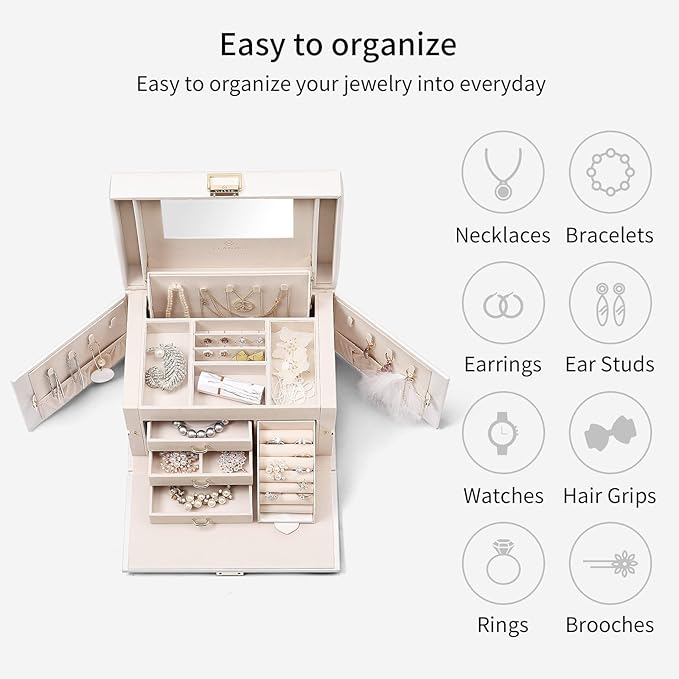 Vlando Jewelry Box Organizer for Girls Women, Large Vintage Jewelry Storage Box with Mirror, Drawers for Bracelets, Earrings,