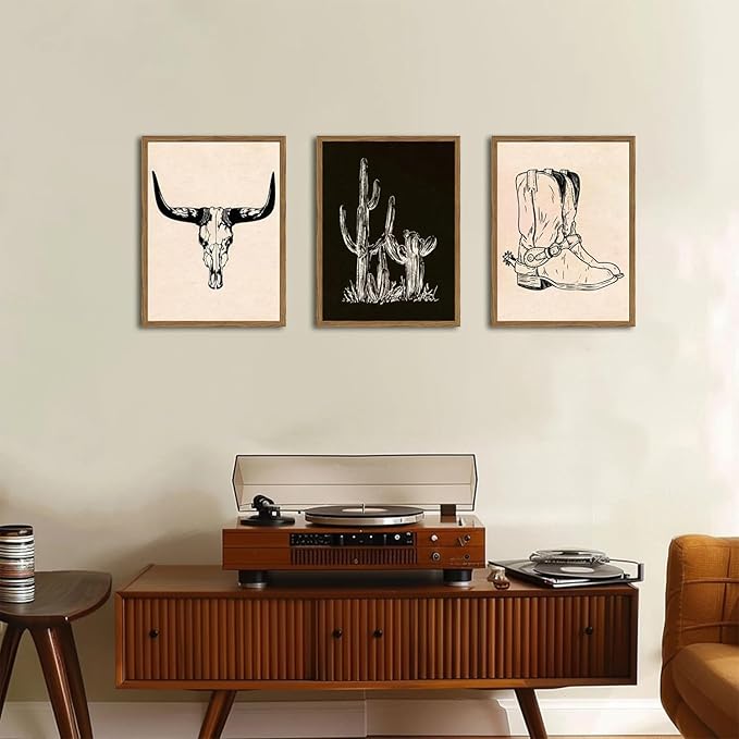 Vintage Western Wall Art Set of 3, Southwestern Cowboy Wall Decor Paintings, Black and White Longhorn Bull Skull Canvas Print
