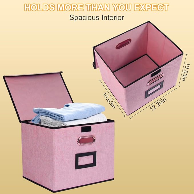 Large Square Storage Bin with Lid, Foldable Organizer Box with Handles & Label Design, for Office, Closet, Home, Documents, P