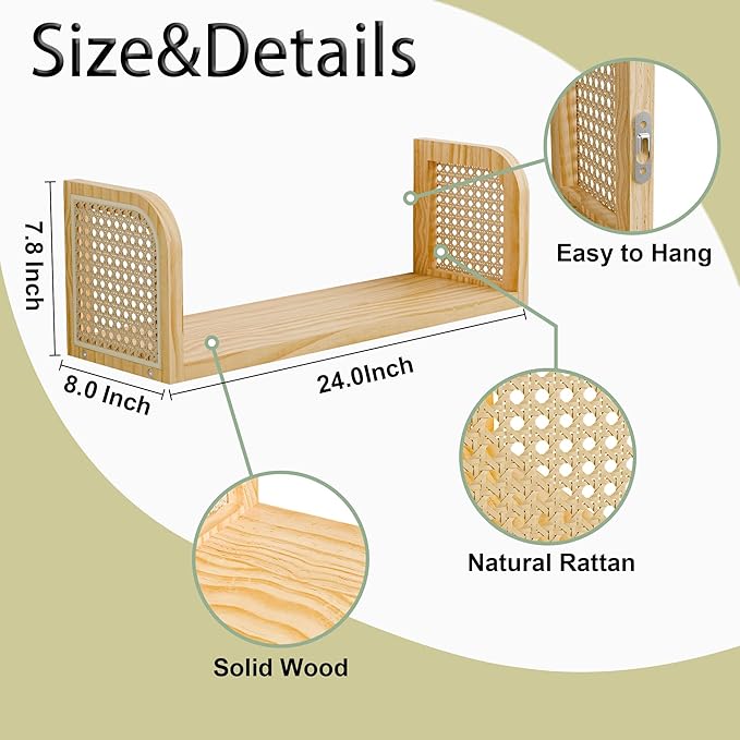 24 Inch Rattan Wall Shelf, Wooden Hanging Bookshelf Storage, Natural Cute Nursery Shelves Wall Mounted, Boho Decorative Float