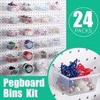 Unittype 24 Set Clear Peg Board Baskets and Bins Pegboard Baskets Organizer Accessories Peg Board Bins with Hooks Sticker Lab