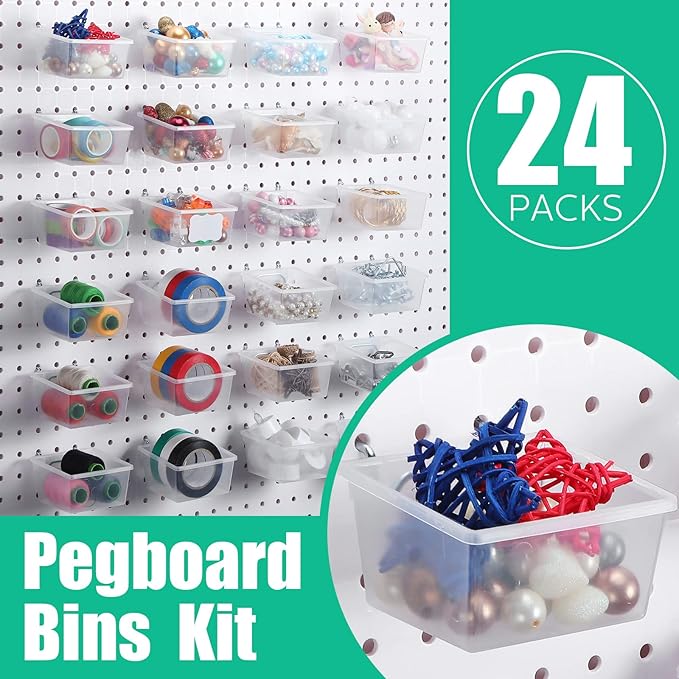 Unittype 24 Set Clear Peg Board Baskets and Bins Pegboard Baskets Organizer Accessories Peg Board Bins with Hooks Sticker Lab