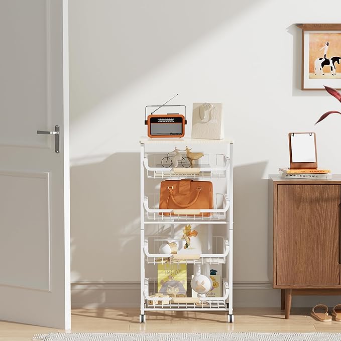 NiuYichee 5-Layer Fruit Basket Kitchen Food Storage Organizer and Storage Rack, Stackable Storage cart with Desktop, Pull-Out