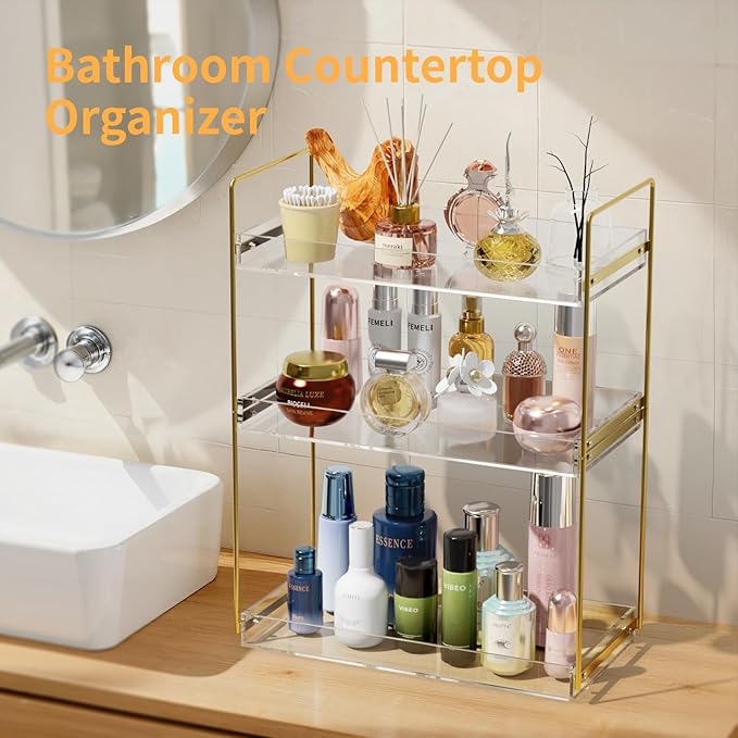 Bathroom Countertop Organizer, 3 Tier Acrylic Tray Vanity Counter Skincare Organizer Shelf, Kitchen Under Sink Standing Rack,