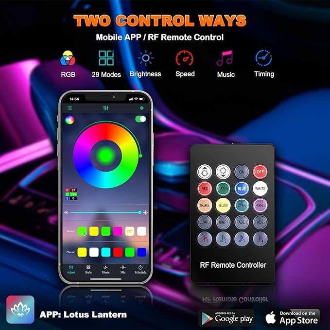 Car LED Strip Lights, USB Interior Ambient Lighting Kits with Wireless APP and RF Remote Control, 16 Million Colors Music Mode Car Decoration Lights with 315 inches 3.0mm Fiber Optic (6 in 1)