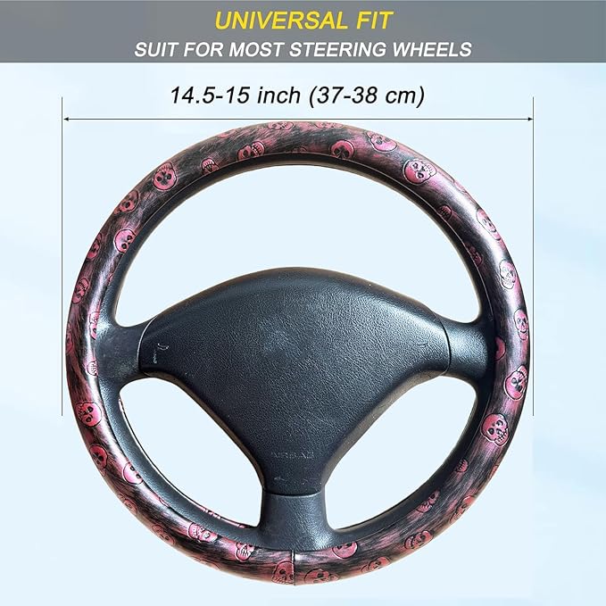 Embossed Skull Steering Wheel Cover, Skull Car Accessory, Microfiber Leather with Anti-Slip Lining, Fits 14.5"-15" Steering Wheels (Red Black)