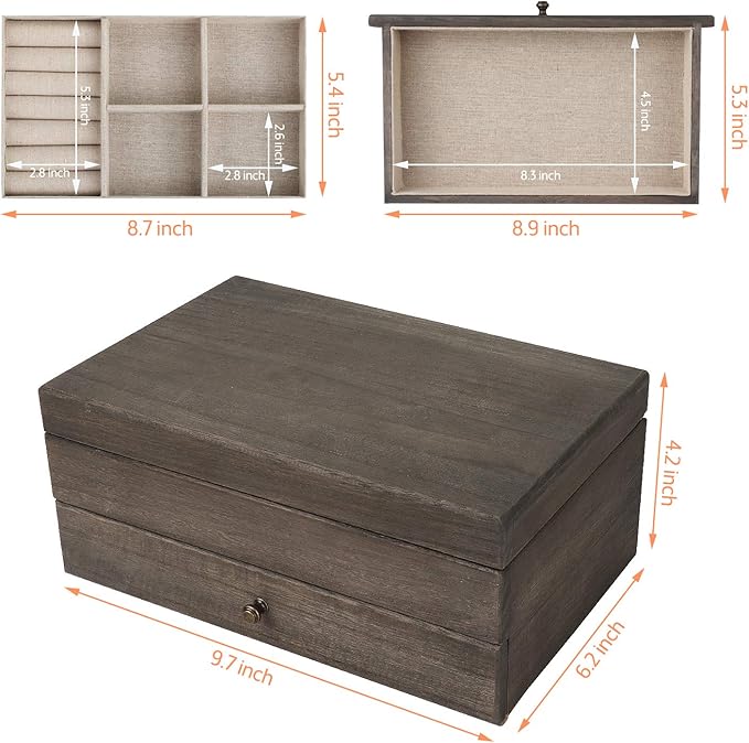 Meangood Jewelry Box Organizer for Women, 2 Layer Large Jewelry Storage Case, Rustic Wooden Jewelry Box with Mirror & Ring Tr
