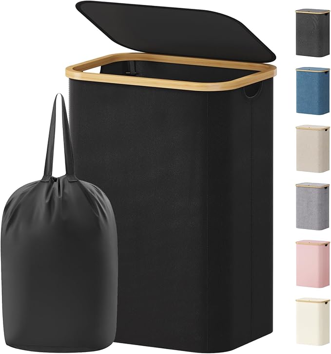 Lifewit 80L Laundry Basket with Lid, Clothes Hampers for Laundry with Bamboo Handles and 1 Removable Bag, Large Foldable Laun
