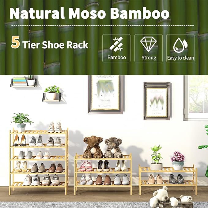 5-Tier Bamboo Shoe Rack for Entryway, Stackable | Heavy Duty | Multi-Function, Free Standing Shoe Racks for Bedroom Hallway C