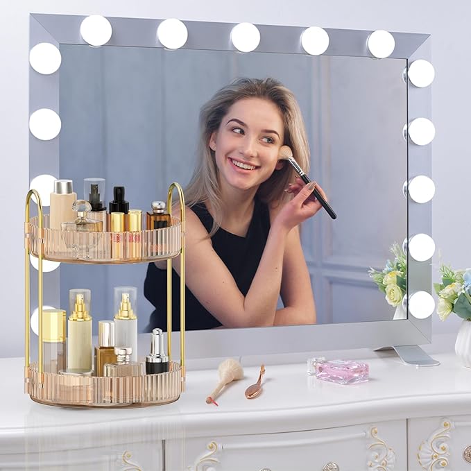 MOKANI 360 Rotating Makeup Organizer for Vanity, 2 Tier Adjustable Perfume Organizer for Dresser, Multi-Function Spinning Cos