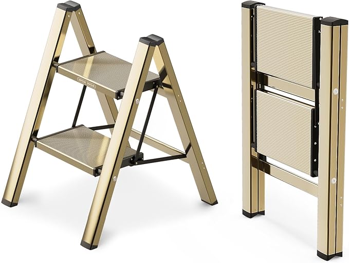 WOA WOA Step Ladder, 2 Step Foldable Step Stool with Widen Pedals, Portable Aluminum Stepladder, Compact Ladder for Space Sav