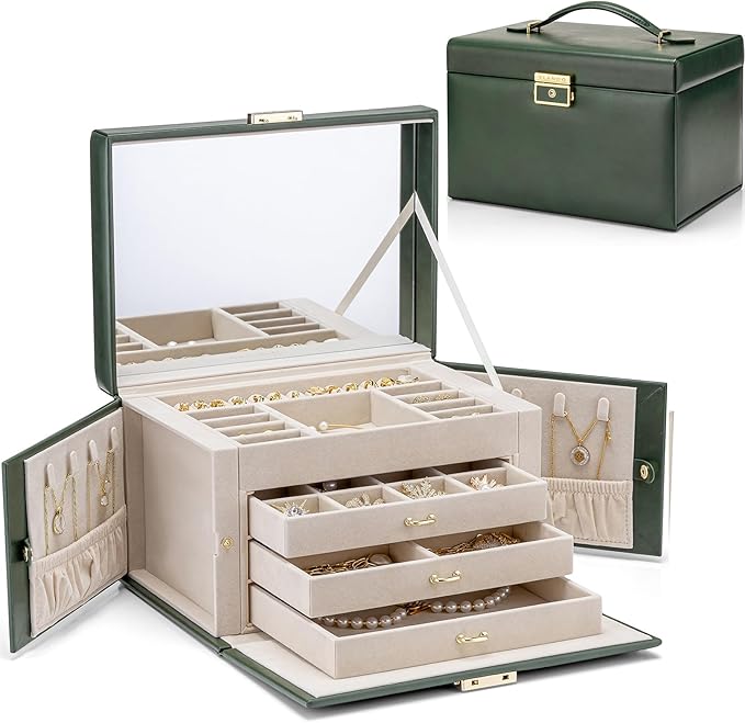 Vlando Jewelry Box for Girls, 4-Tier Jewelry Organizer with Lock, Mirror Jewelry Box for Earring, Ring, Necklace and Bracelet