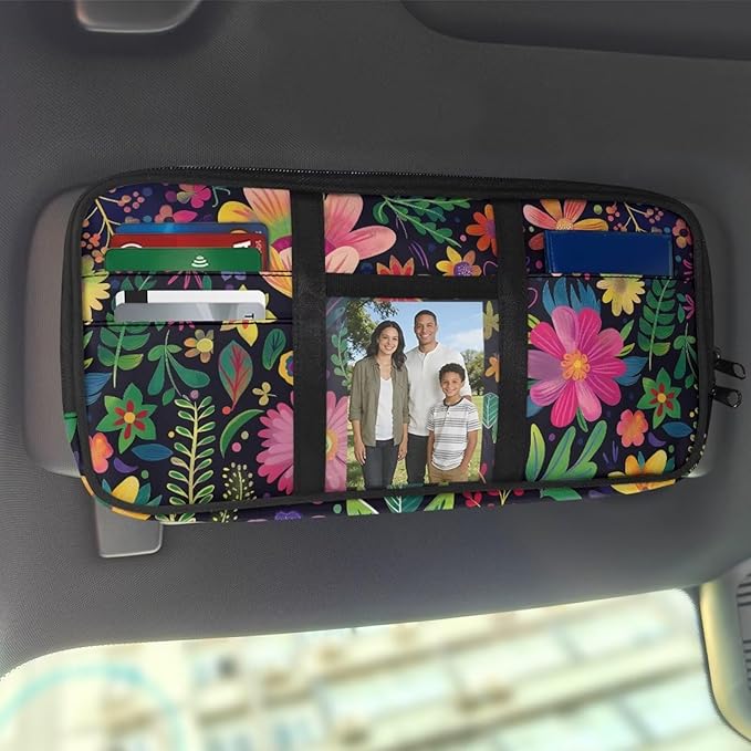 Pink Floral Car Sun Visor Organizer, Multi-Pocket Visor Organizer Storage Pouch for Cars, SUVs & Trucks with Velcro Straps Fashion Auto Accessories for Cars Interior Women