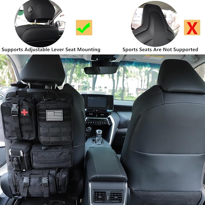 tactical car seat back organizer and storage truck seat covers with a Molle Vehicle Panel and 5 Different Size Molle Pouches for most models such as Jeep,SUV,Pickup(Black)