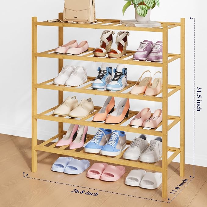 Kitsure Bamboo Wooden Shoe Rack for Closet - Stackable Shoe Organizer with Modular Structure, Space-Saving Shoe Shelf for Ent
