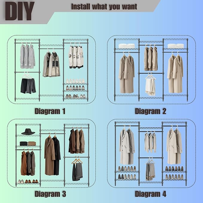 KAXIWEI Portable Closet Wardrobe – Heavy-Duty Freestanding Clothes Rack with 4 Hanging Rods & 8 Shelves, Adjustable Clothing 