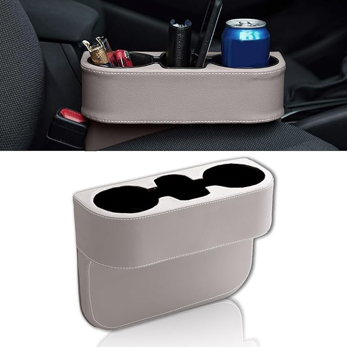 Car Cup Holder, PU Leather Auto Front Seat Organizer, Multifunctional Cup Drink Holders, Gap Filler Storage Box Coin Bucket Console Side Pocket Cell Mobile Phone Holder (Gray)