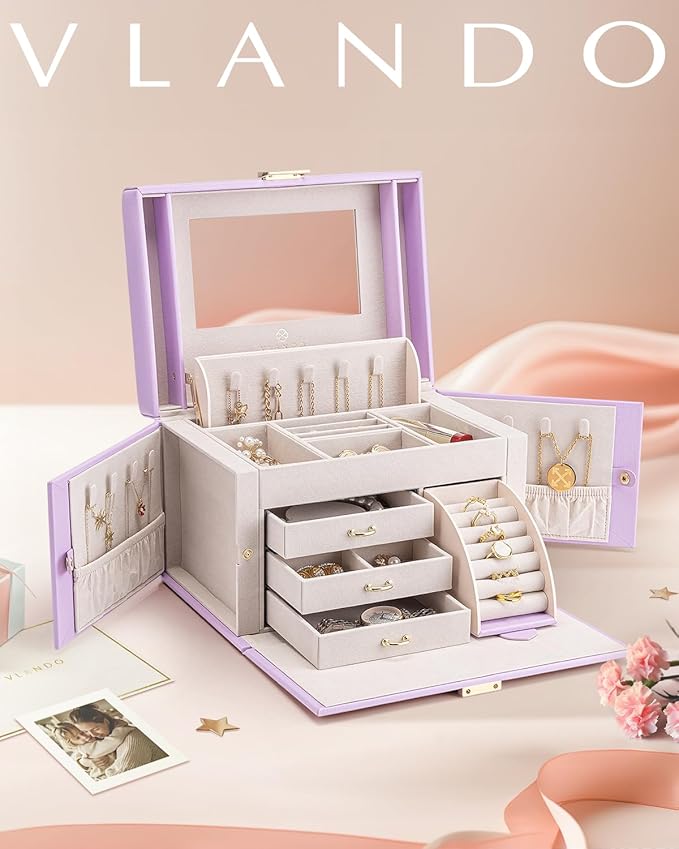 Vlando Jewelry Box Organizer for Girls Women, Large Baroque Jewelry Holder Organizer with Mirror, 3 Drawers for Bracelets, Ea