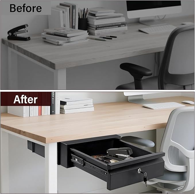 Under Desk Drawer 15.7" x 11.8" x 4.3", Under Desk Pull Out Drawer with Lock and Keys, 4.3” & 7.5” Optional Bracket Height, S