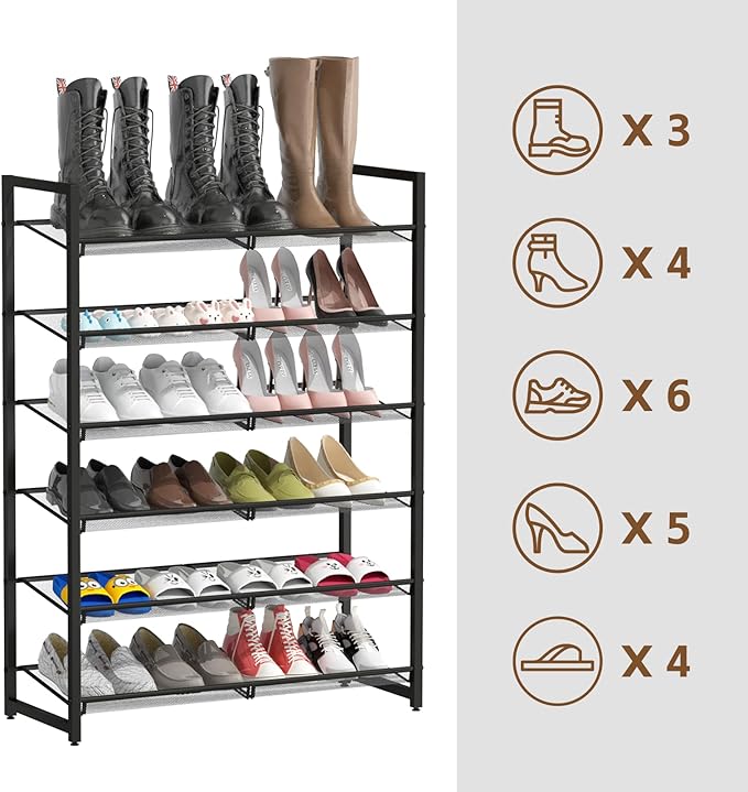 Shoe Rack, 6-Tier Metal Shoe Organizer, Tall Shoe Rack for Closet,entryway,Garage, with Adjustable Flat or Angled Shelves, Ho