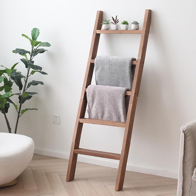 FUIN 5ft (58") Wood Blanket Ladder Living Room Decorative Wall Leaning Farmhouse Quilt Display Holder Shelf Rustic Wooden Tow