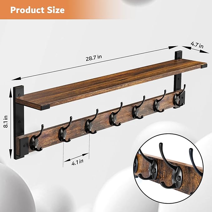 Oraich Wall Hooks with Shelf, 28.7 Inch Coat Rack Wall Mount with Hook for Coat Backpack Key Clothes Hanger, Wall Floating Sh