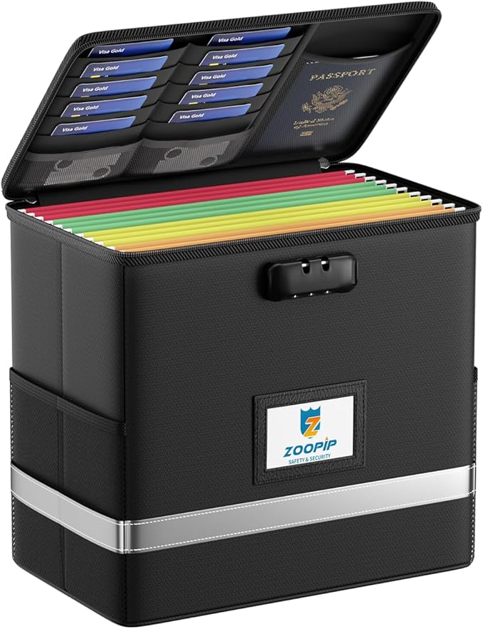 Fireproof File Box with Lock, Document Box Storage Organizer, Suitable for Hanging File Folders in Letter Size, Collapsible F