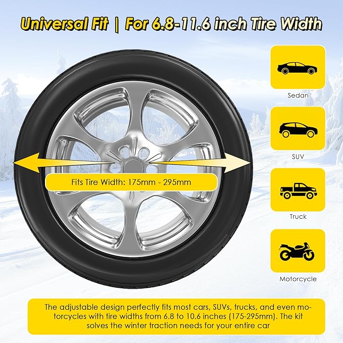 12 Pcs Snow Tire Chains - Portable Plastic Non-Slip Anti-Skid Traction Cables for Winter Driving/Fits Most Cars, SUV & Trucks