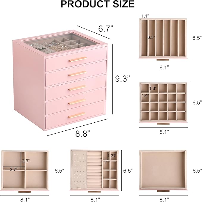 Frebeauty Clear Lid Jewelry Box,5-Layer Jewelry Organizer with Drawer,PU Leather Jewelry Organizers and Storage,Jewelry Boxes