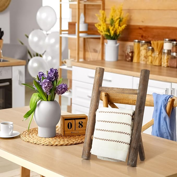 Cinnvoice 2 Pcs Wooden Tea Towel Ladder Rustic Hand Towel Stand Rack Mini Countertop Towel Stand Farmhouse Wood Counter Towel