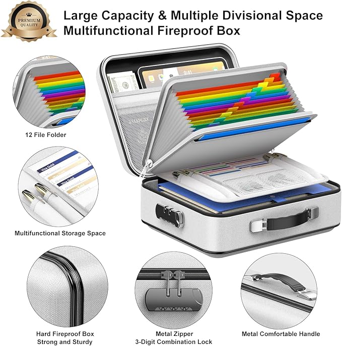 COLCASE Fireproof Document Box, Hard Case Fireproof File Organizer with Lock Hard-Shell Design Fireproof Water Resistant Safe