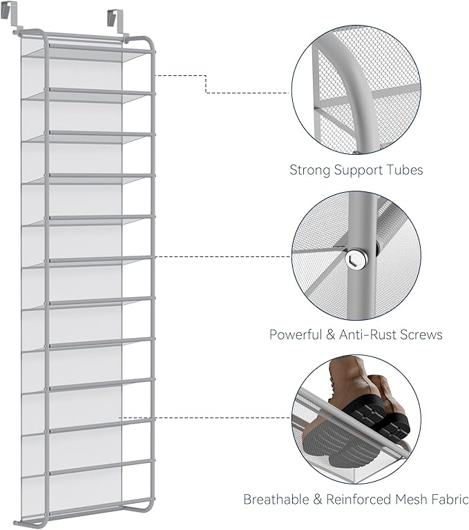 Whitmor 36 Pair Over The Door Shoe Organizer, 12 Tier Hanging Shoe Organizer, Heavy Duty Metal & Mesh Shoe Holder, Hanging Sh