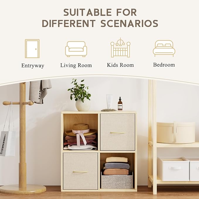 EXPERLAM 4 Cube Storage Organizer - Solid Wood Bookshelf with 2 Storage Bins, Cube Shelf with 2 Removable Back Panels, Vertic