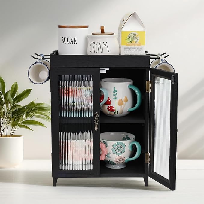 Ikee Design Wooden Countertop Storage Cabinet with Wavy Magnetic Door, Adjustable Shelves, Removable Hooks. Perfect for Perfu
