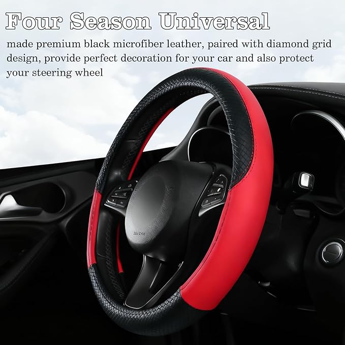 Black & Red Car Steering Wheel Cover, Microfiber, Leather Patchwork, Universal 14.5-15 Inch Leather Anti-Slip Breathable Auto