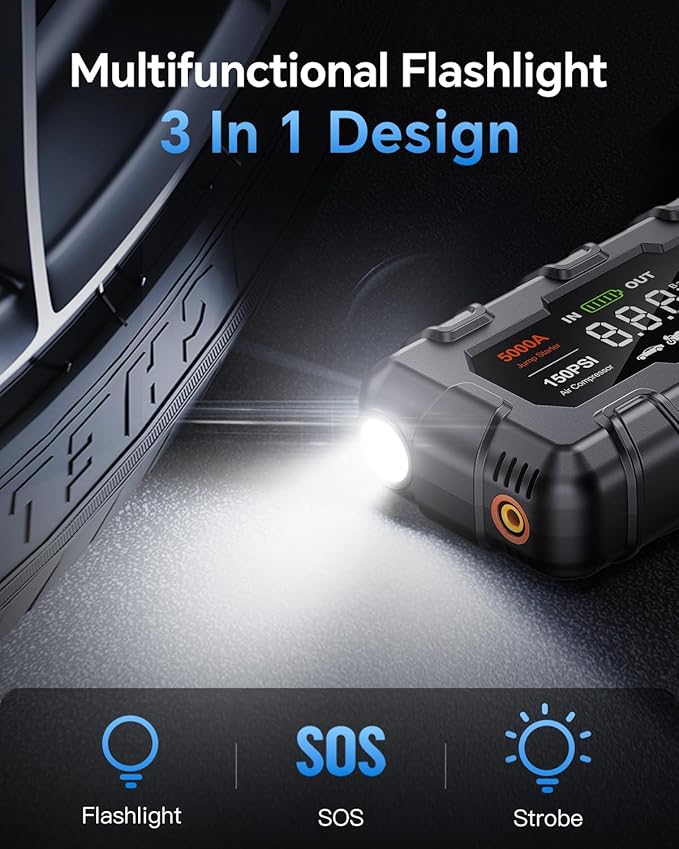 Jump Starter 5000A, Car Battery Jump Starter with Air Compressor for Up to 9.0L Gas and 8.0L Diesel Engine, 12V Jump