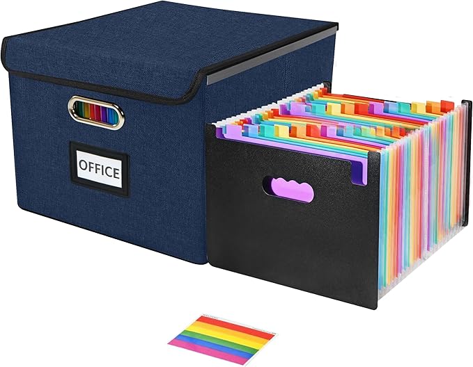 File Organizer Box with 25-Pocket Accordion Folder, File Folder & Protective Lid - Document Storage for Home, Office, School,