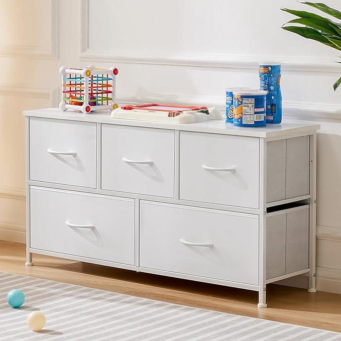 DUMOS Dresser for Bedroom, 5 Storage Drawers, Wide Fabric Closet Chests Organizer Tower Furniture with Wooden Top Metal Frame