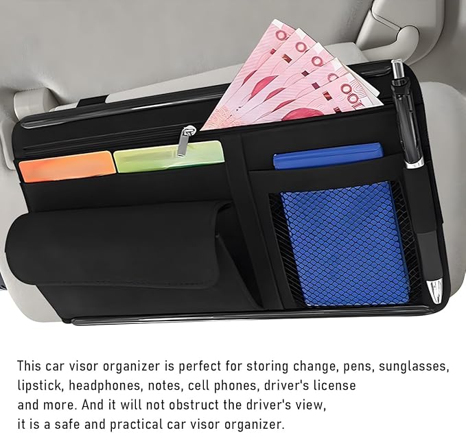 Car Sun Visor Organizer, Soft Leather Surface Eyeglasses Note Card Holder Car Storage Bag, Scratch-Resistant Waterproof Auto Sunshade Organizer Bag, Car Accessories (Black)