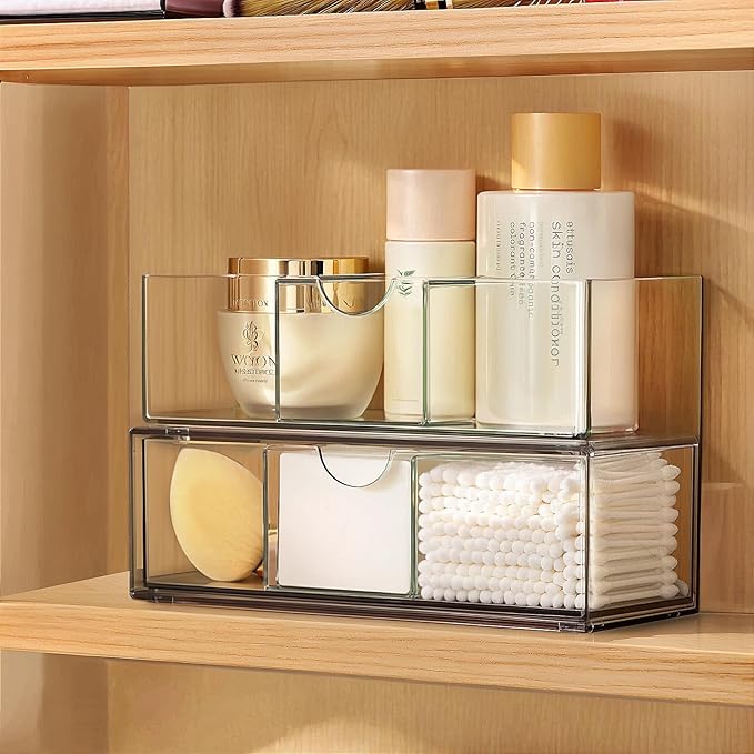 PAVSTINE Medicine Cabinet Organizer 2 Pack, Stackable Storage Drawers with Removable Divider, Make Up Organizer for Bathroom 