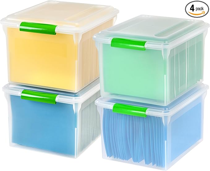 IRIS USA File Box File Organizer Plastic File Box for Letter/Legal File, BPA-Free Plastic Storage Bin Tote Organizer w/Secure